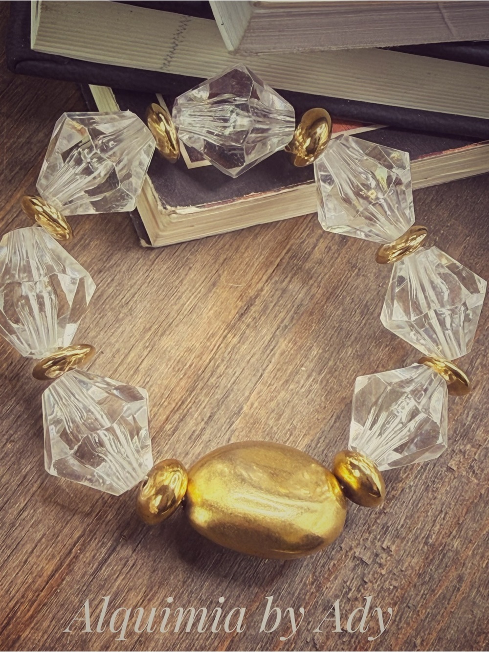 Exaggerated Clear Crystal and Gold Accent Stretch Bracelet